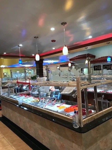 Buffet counters with pendant lights and the hibachi sign